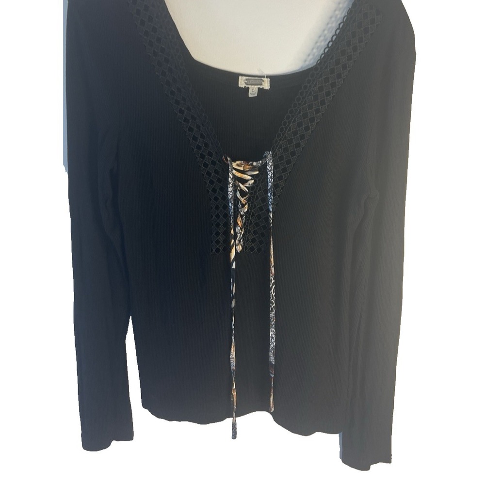Y2K Style Black Ribbed Lace Up Shirt Women L Boho Artsy Witchy Grunge Sexy